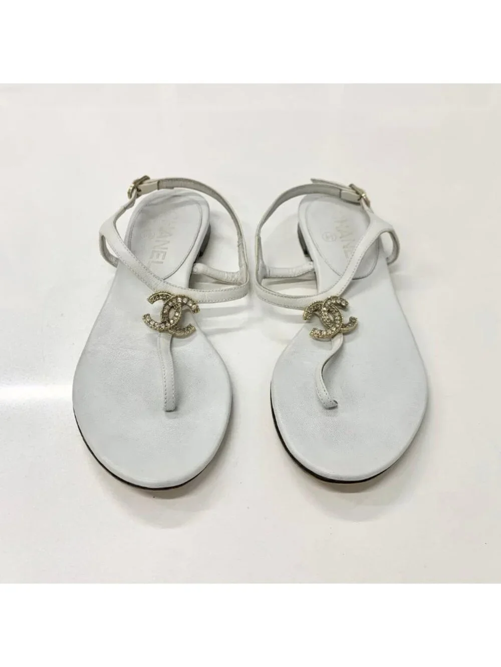 Chanel CC Logo Leather Line Stone Strap Thong Sandals